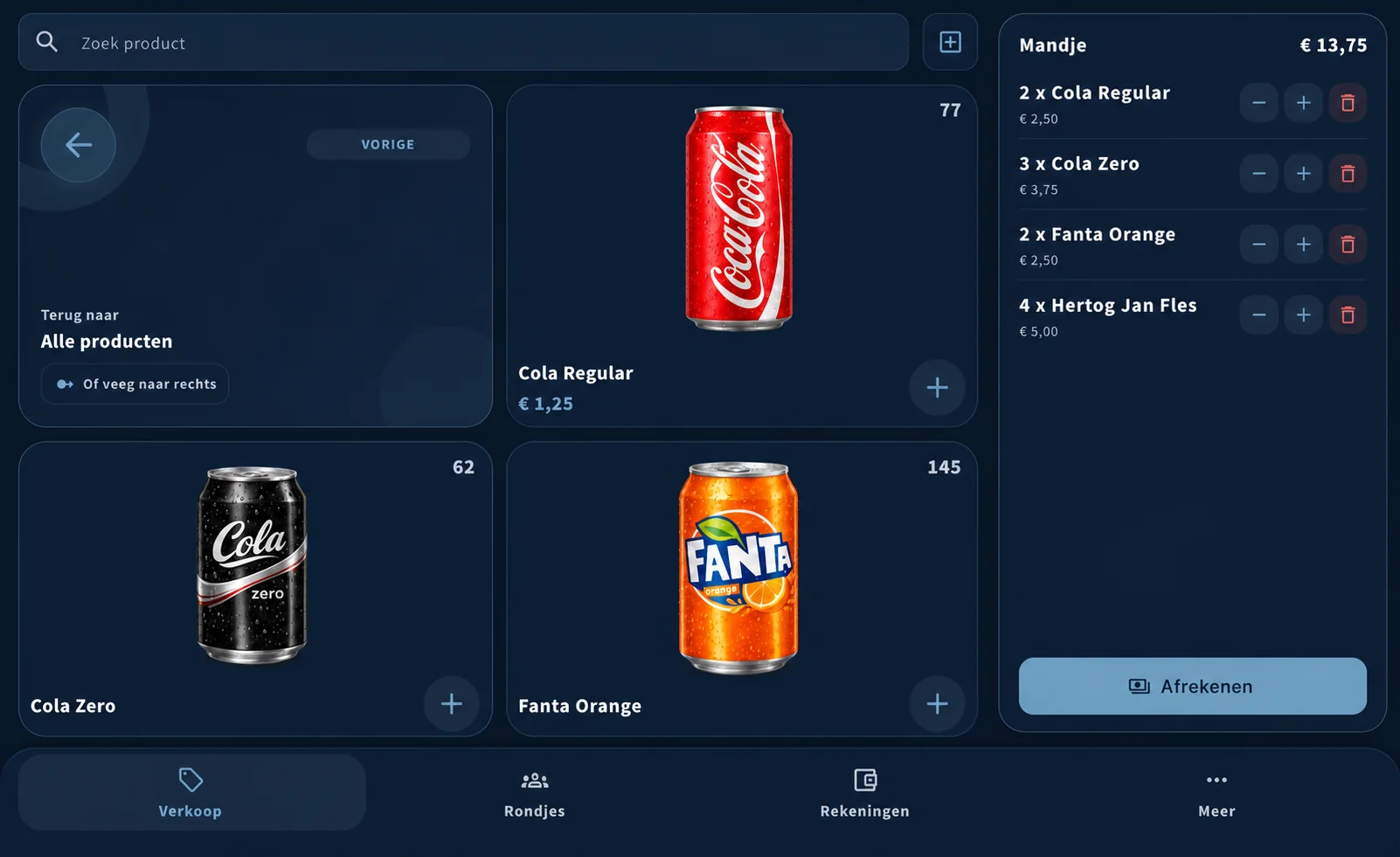 Het donkere ClubKas-verkoopscherm op een tablet, met dezelfde producten en hetzelfde gevulde winkelmandje.